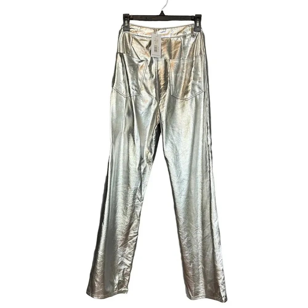 WeWoreWhat Silver Straight Leg Jeans Size 26 Faux Leather High Rise $148 NEW - Picture 6 of 9